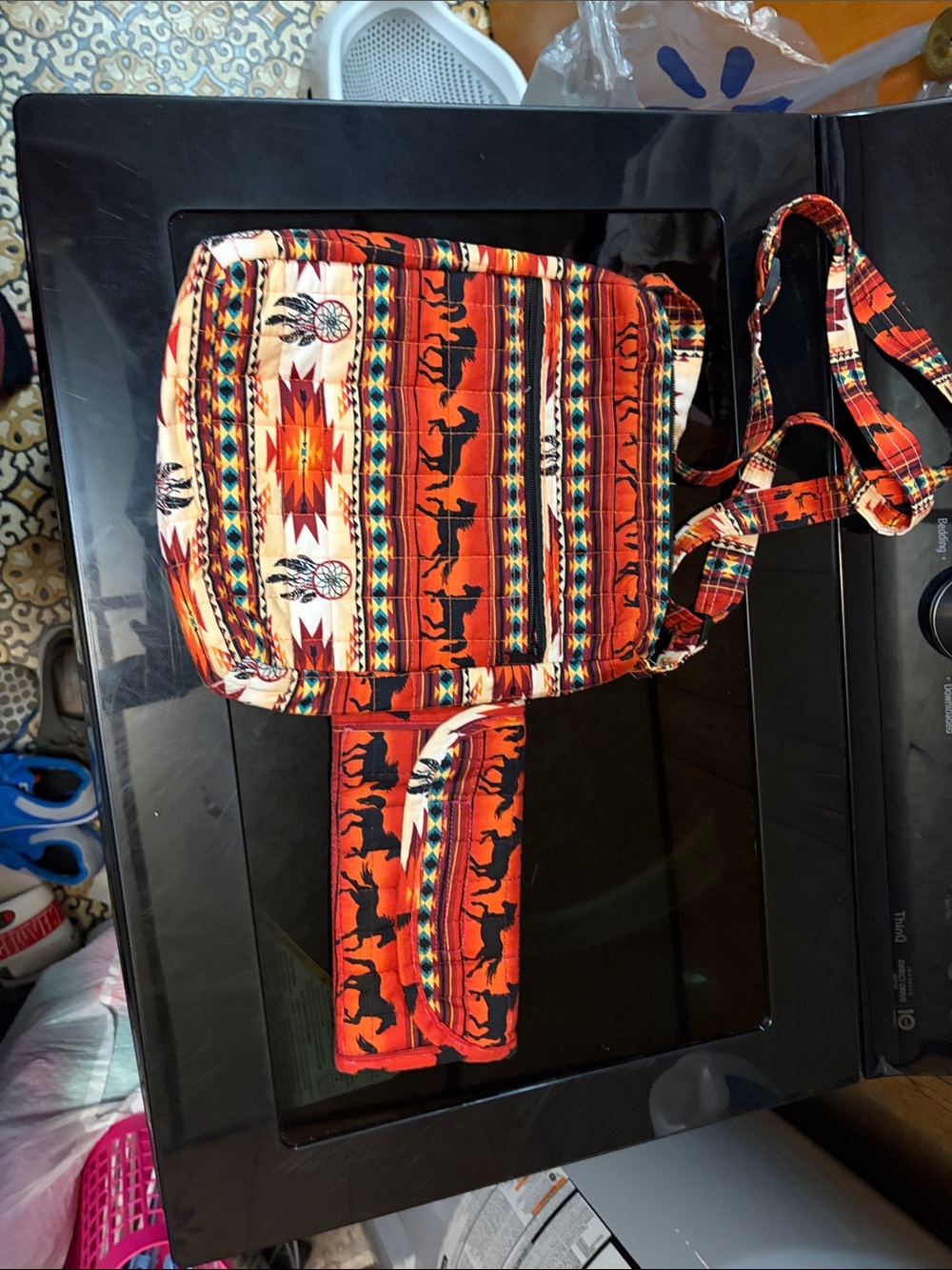 Boho Southwestern Orange Patterned Crossbody Bag handmade with handmade wallet